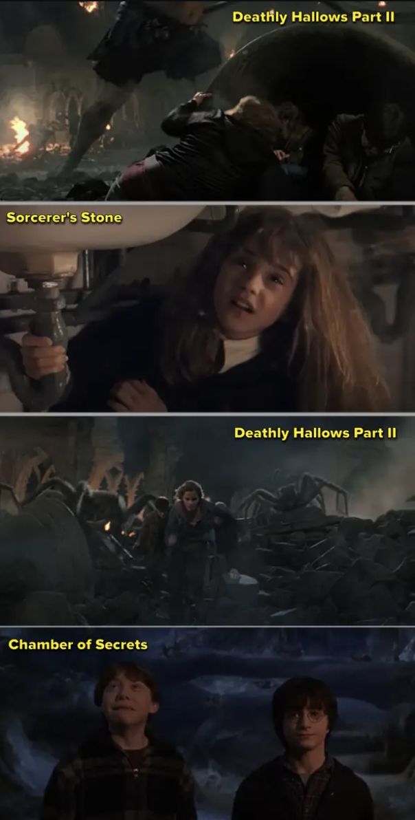 Comparisons of the earlier monsters in the &quot;Harry Potter&quot; movies to the final Battle of Hogwarts in the last movie