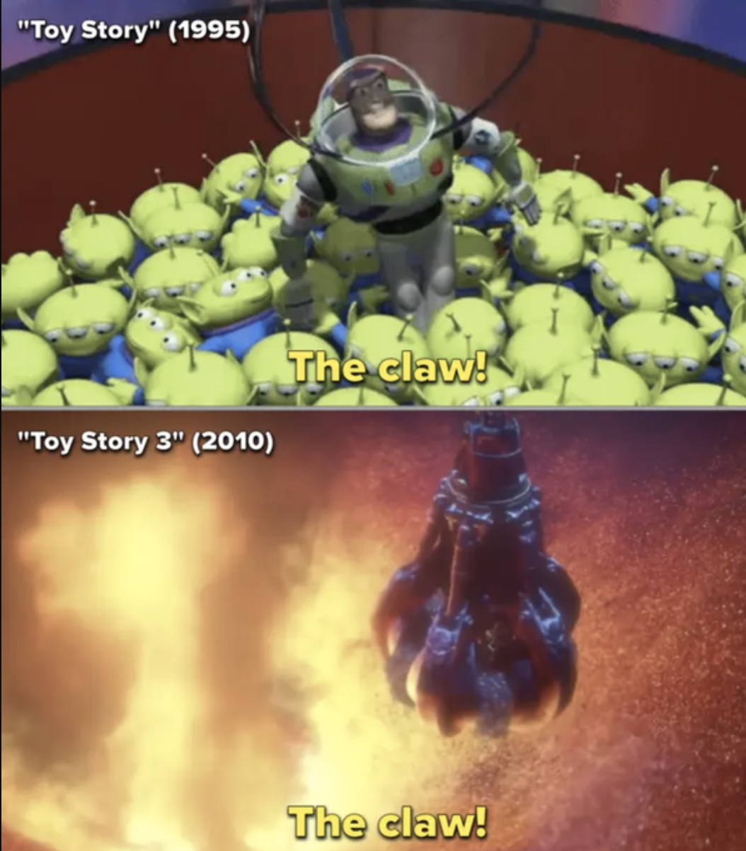 Side-by-side of the aliens in the first &quot;Toy Story&quot; movie, vs. the third movie where the aliens used the claw to save everyone
