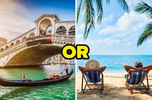 A boat on water in a beautiful city next to a couple relaxing on a beach