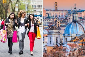 Three women shopping and the skyline of Rome, Italy