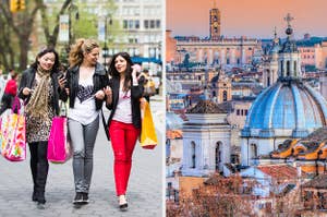 Three women shopping and the skyline of Rome, Italy