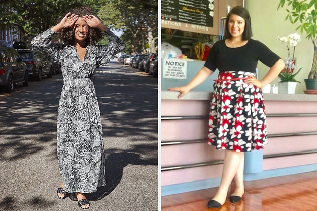 On the left, a model in a paisley maxi dress. On the right, a reviewer in a floral fit-and-flare dress