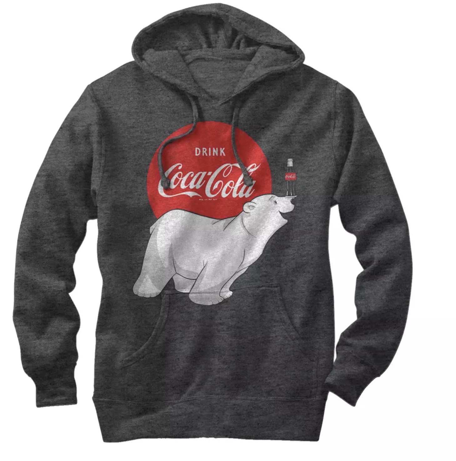 A dark grey pullover hoodie with the coca-cola logo and polar bear on the chest