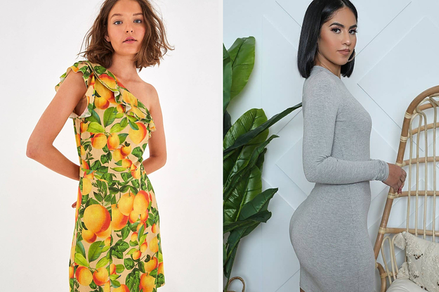 to the left: a model in a one-shouldered orange print dress, to the right: a model in a grey ribbed bodycon dress