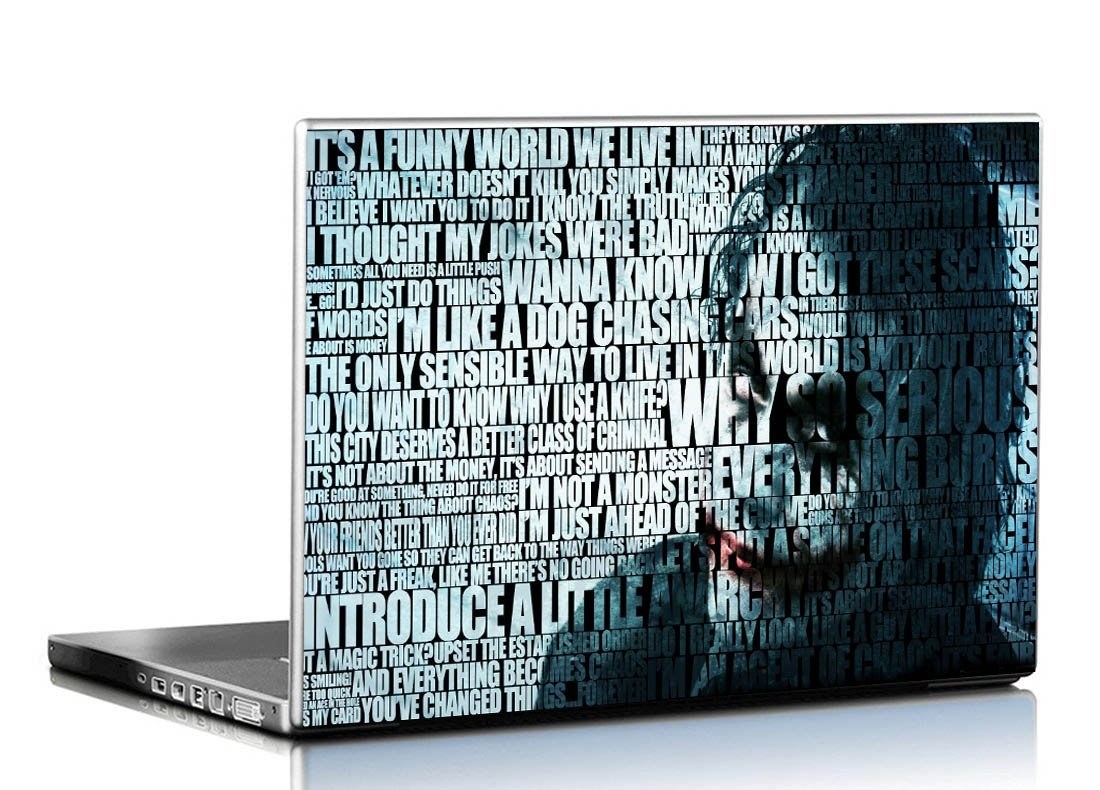 A laptop with a Joker skin that has an image of Heath Ledger from The Dark Knight and multiple dialogues from the movie
