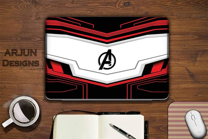 A red, white and black laptop skin with the Avengers logo inspired by the Endgame time-travel suits.