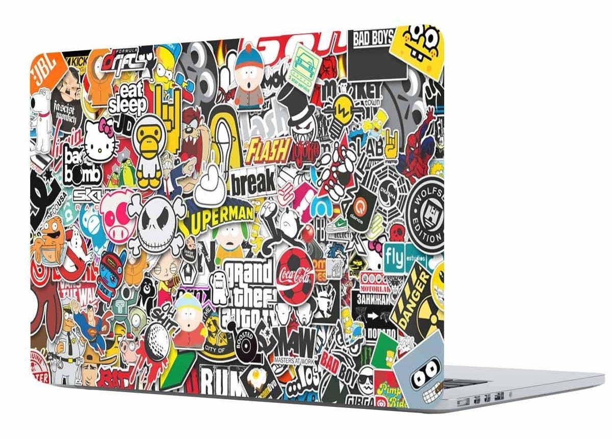 A laptop with a skin that has multiple logos and graffiti on it 