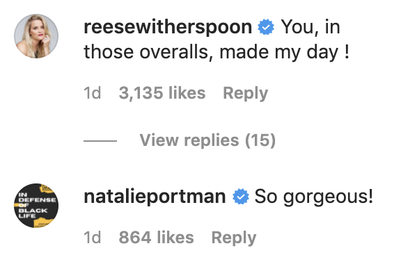 Reese Witherspoon and Natalie Portman complimenting Jennifer&#x27;s overalls looks