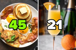 A full breakfast is on the left labeled, "45" with a glass of mimosa on the right labeled "21"