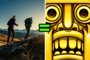 Two people are hiking up a mountain on the left with the "Temple Run" logo on the right and an equal sign in the center