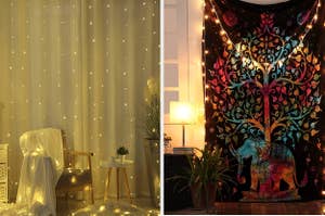 Two images side by side: one of a wall covered by sheer curtains behind a chair, table, and plants with string lights over them; the other with a colourful tapestry hanging on a wall besides a table and lamp, also with string lights.