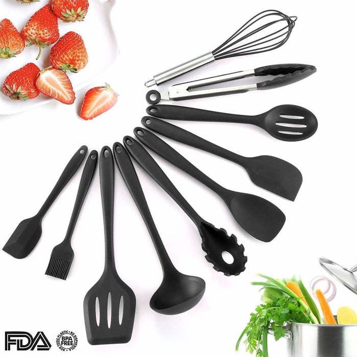 A set of silicone utensils in black