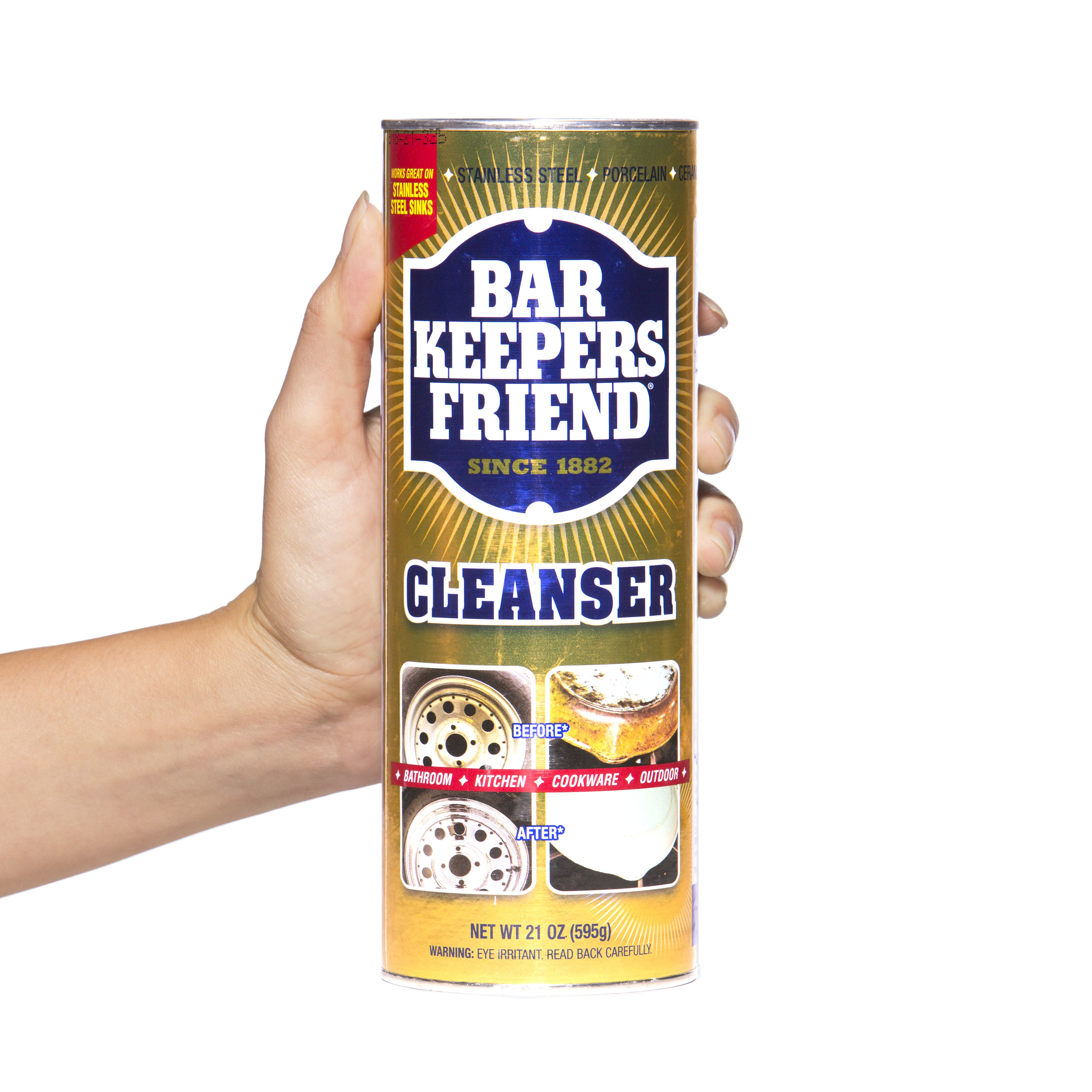A 21-ounce can of Bar Keeper's Friend cleanser that can be used in the bathroom, kitchen, on cookware, or outdoors