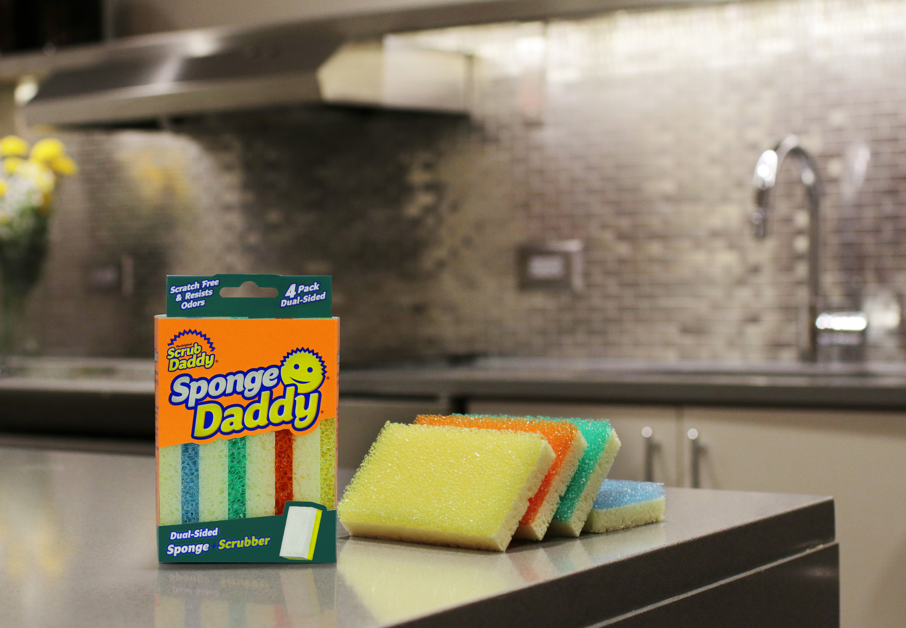 A 4-pack of dual-sided Sponge Daddy scrubbers