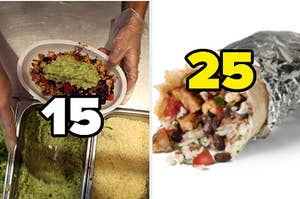 A man is building a burrito bowl labeled "15" with a burrito on the right labeled, "25"