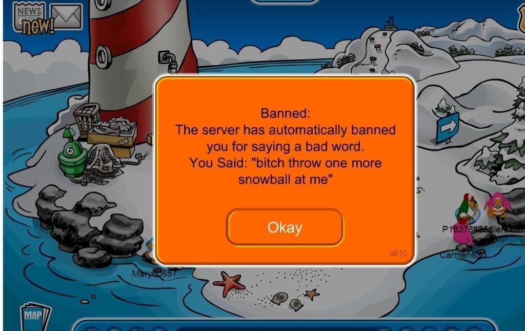 A Club Penguin user getting banned for saying bitch throw one more snowball at me