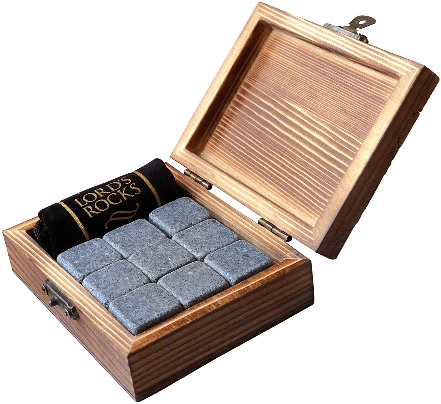 A wooden chest containing a bunch of grey whiskey cold stones.
