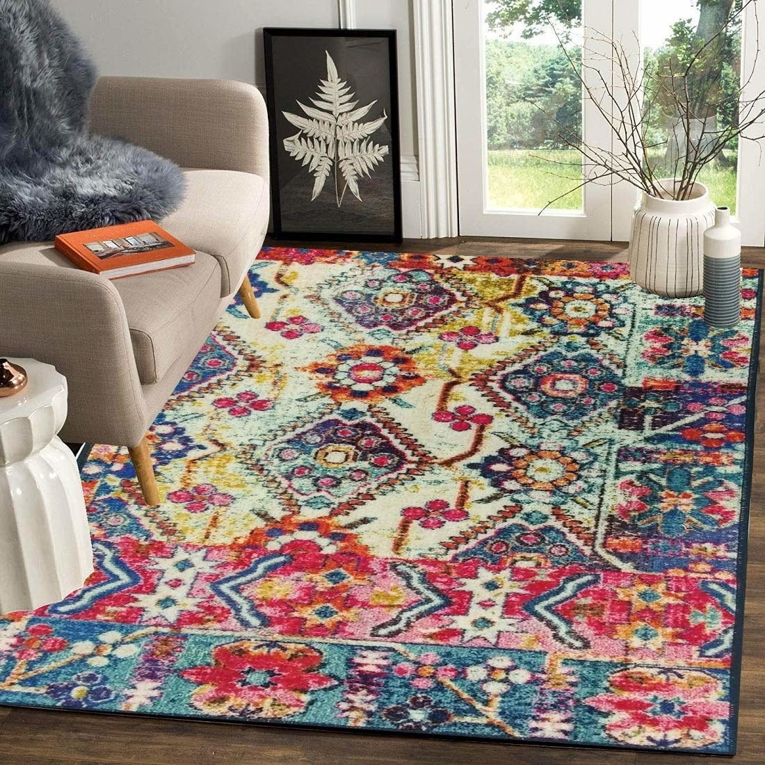 The rug displayed in a living room.
