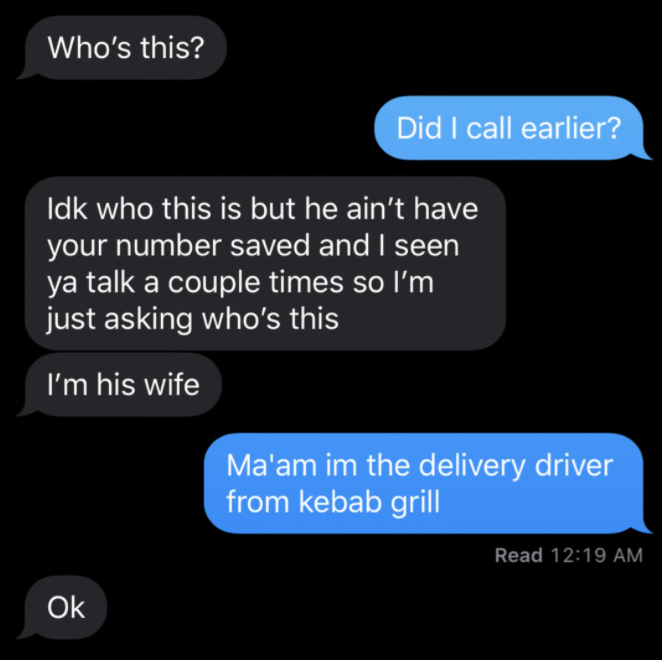 A woman texted a number she found in her husband&#x27;s phone, which turned out to be the delivery driver from food he ordered