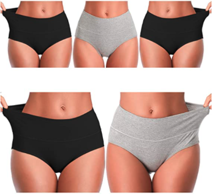 Models wearing the black and grey underwear, showing its stretch ability