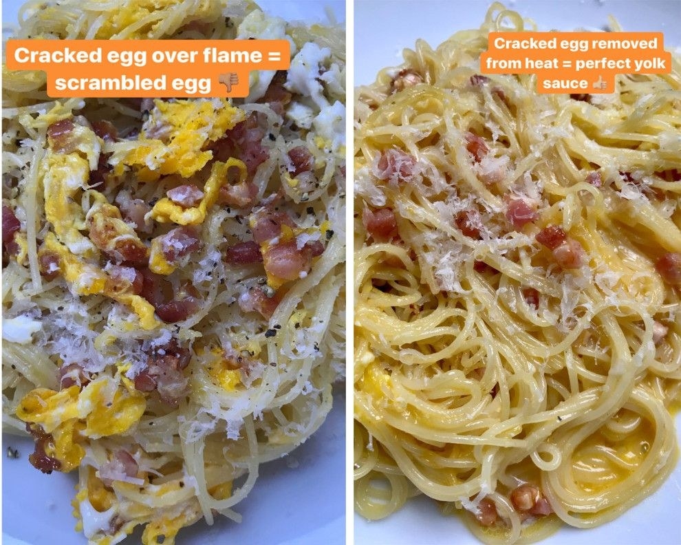 Two different shots of lazy carbonara, one with the yolk cooked through and another topped with runny egg yolk.