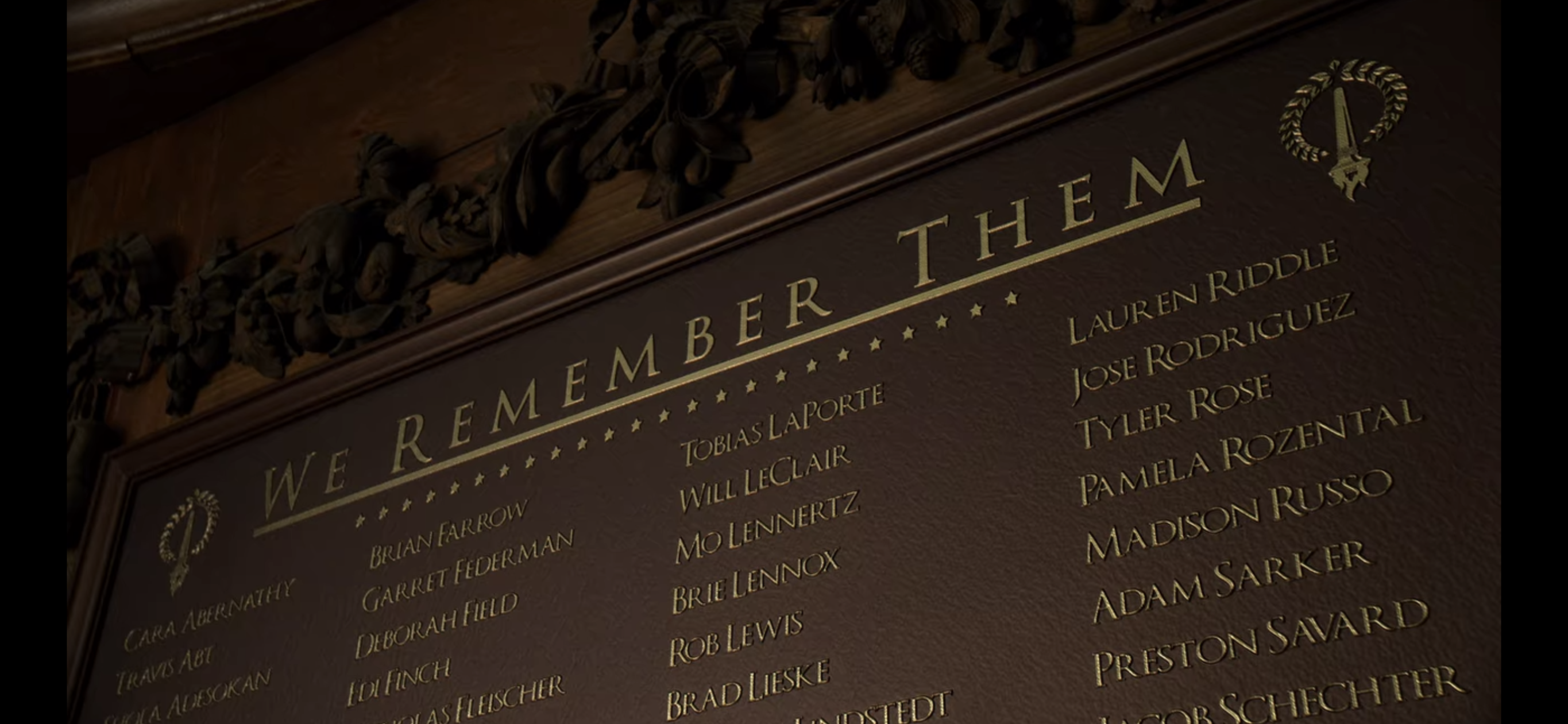 A memorial saying "We remember them" with a list of the names of the kids in the show