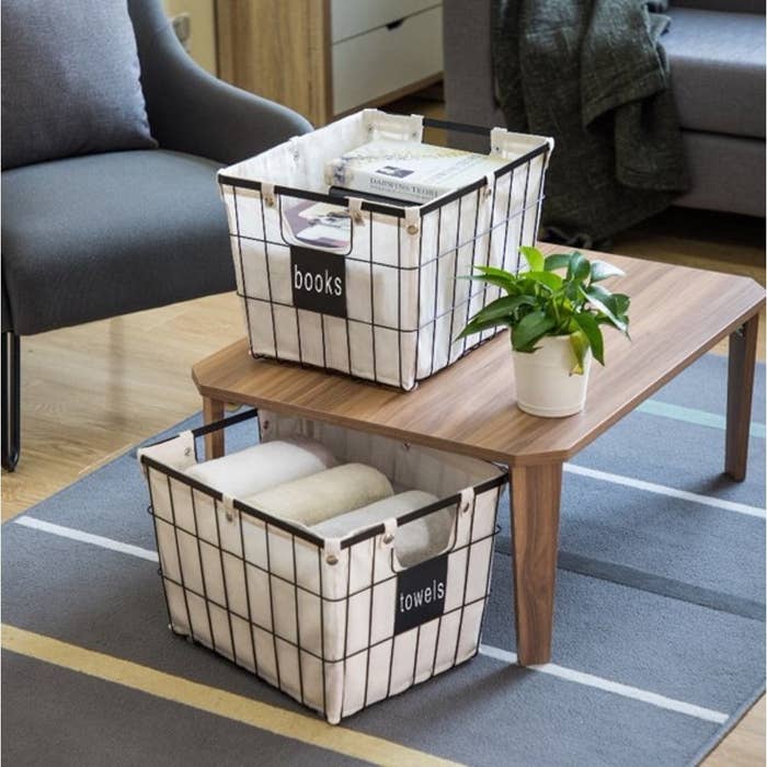 Black wire baskets with beige fabric and black chalkboard labels