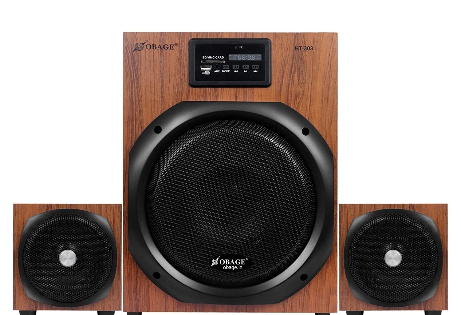 Obage HT-303 speakers in brown and black.
