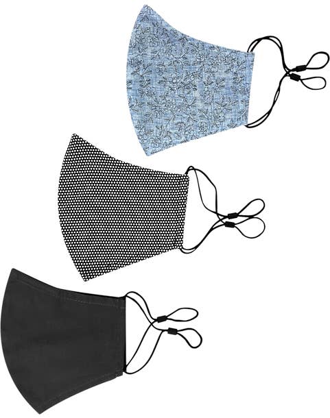 Con.Struct gray and blue print non-surgical face masks (one dark charcoal, one charcoal with white dots, and another with a light blue floral design) 