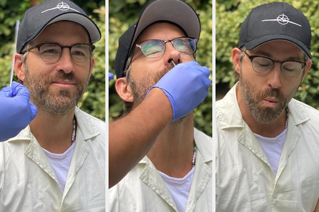 Ryan Reynolds smiling near a q-tip / Ryan getting his nose swabbed / Ryan making an uncomfortable face