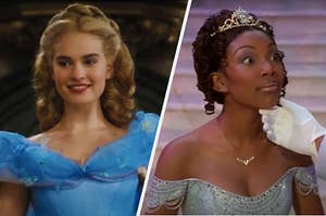 A live-action Cinderella is on the left with Brandy as Cinderella on the right