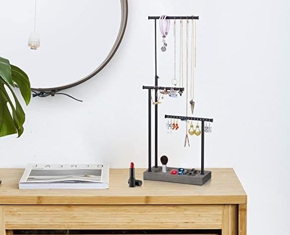 A jewelry organizer on a table.