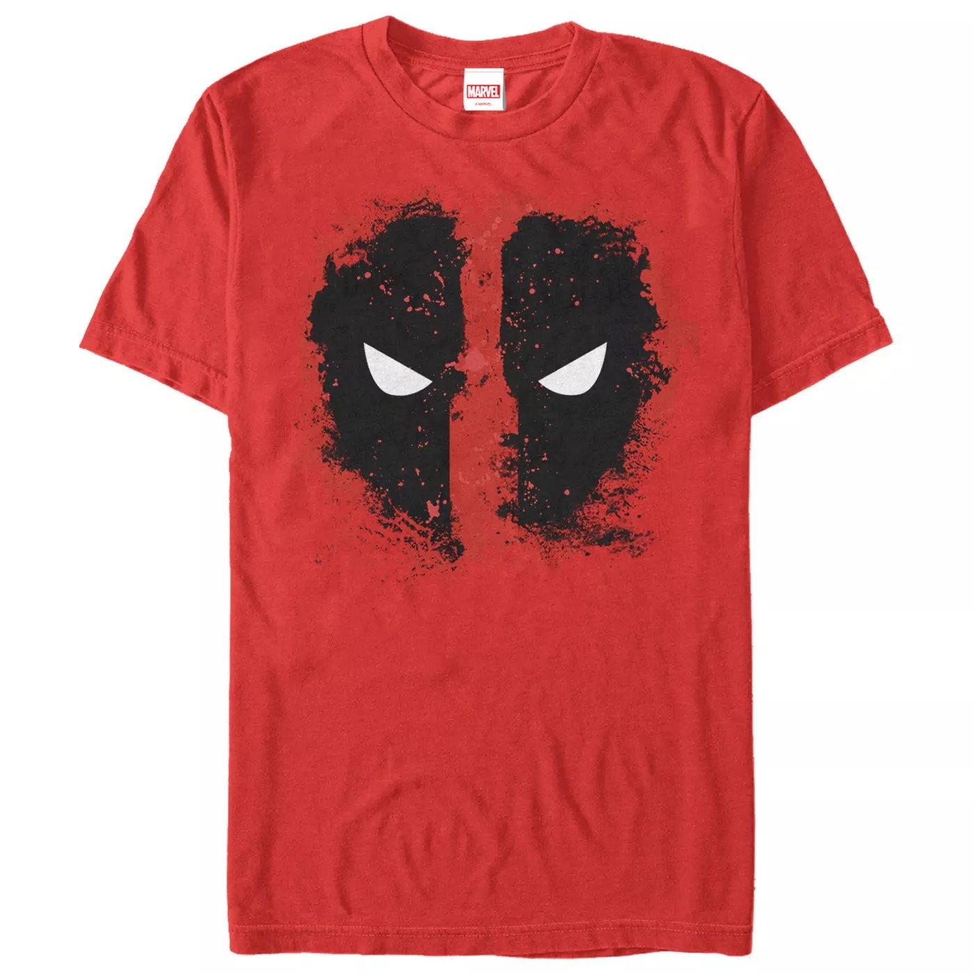 A red shirt with a reverse Deadpool mask in a splatter-paint style