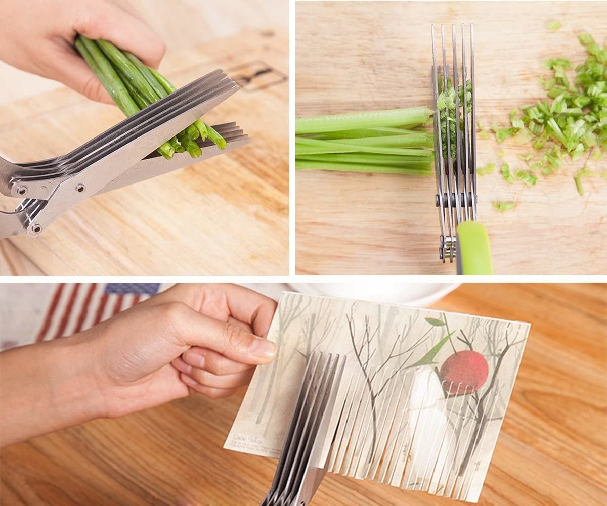 The shears can be used to chop herbs, finely cut green onions, or cut slices into paper