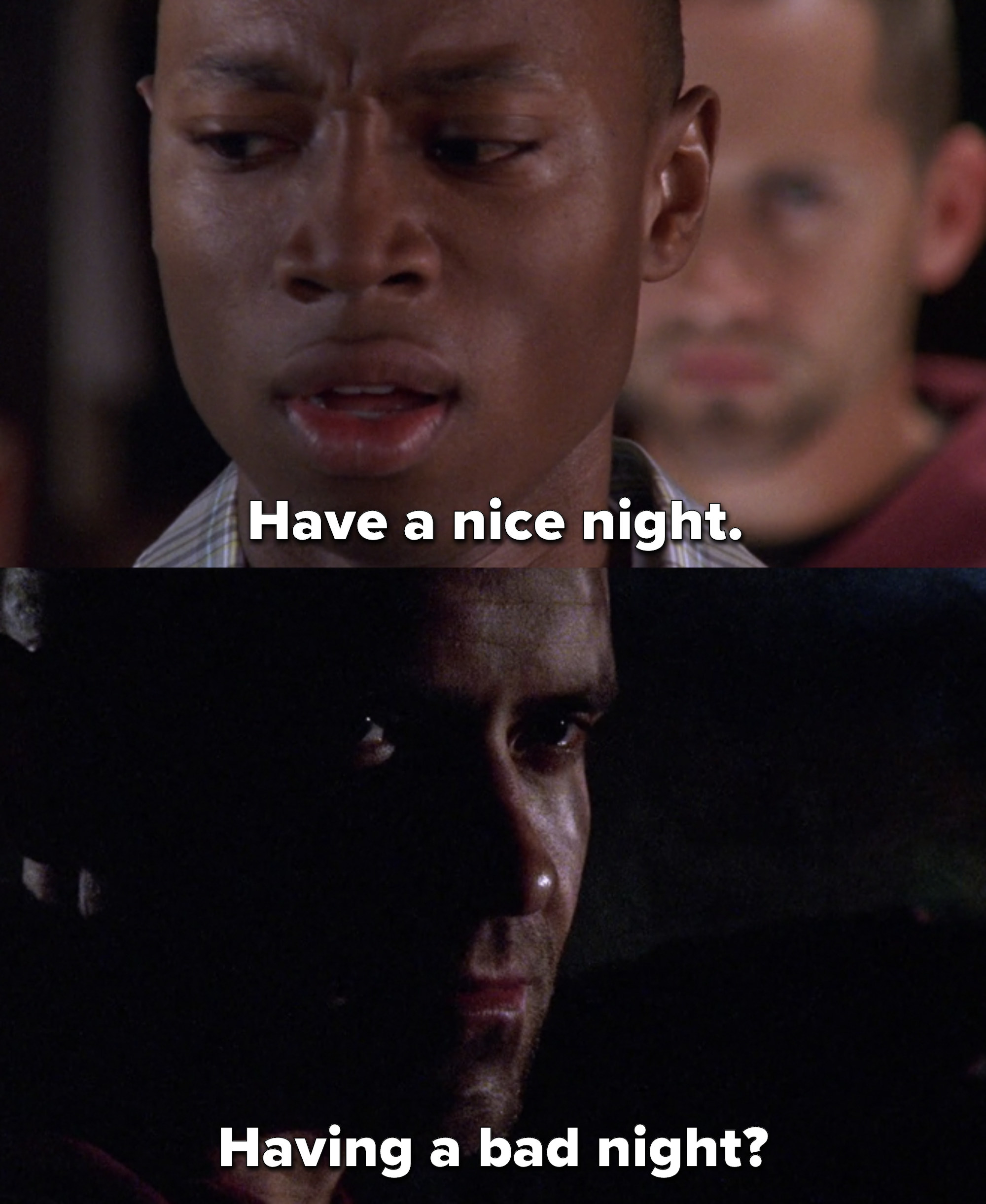 in a flashback, Xavier says &quot;Have a nice night&quot; to Quentin as he turns around afraid, and then asks Sam if she&#x27;s having a bad night
