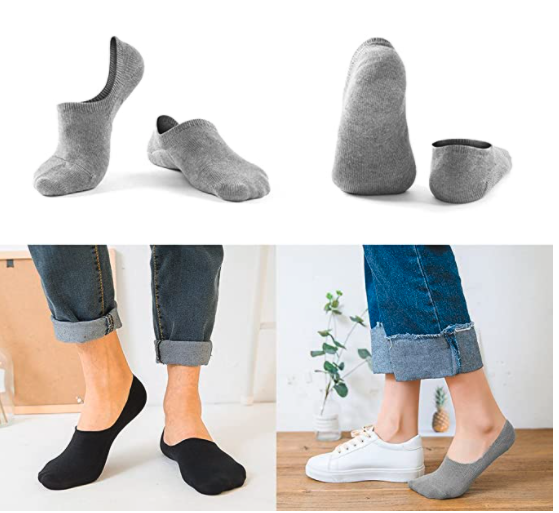 A model showing how the socks fit on their feet, and how they don't peek out when wearing shoes