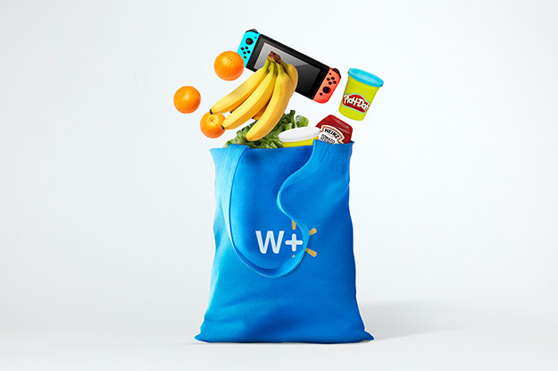 Walmart+ reusable shopping bag with groceries falling in