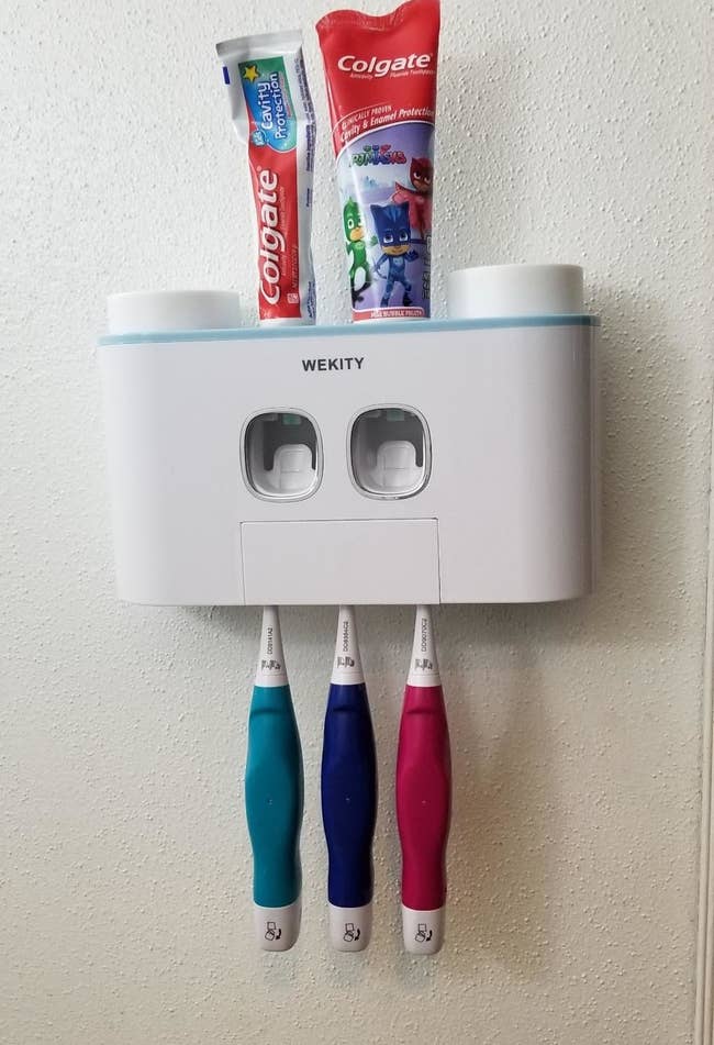 The toothpaste holder holding two tubes and three brushes