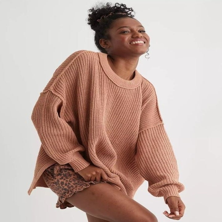 Model in the oversized chenille sweater