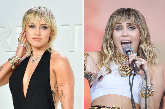 Miley Cyrus on the red carpet next to an image of her performing on stage