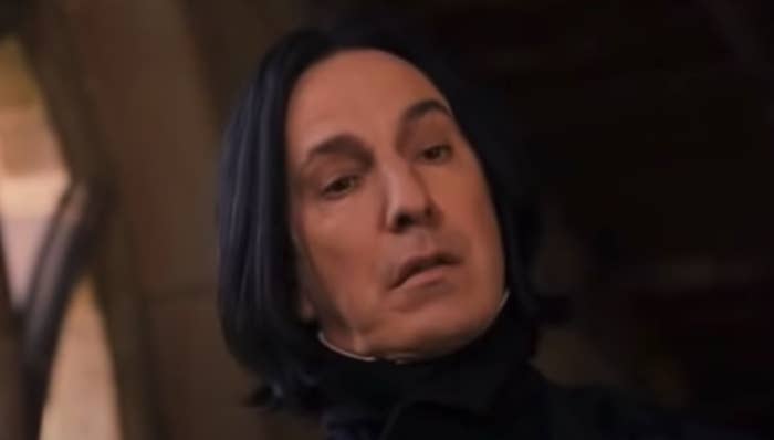 Snape staring quizzically at Hermione and Ron in one of the earlier "Harry Potter" movies