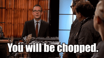 The host of chopped announcing a contestant&#x27;s chopping