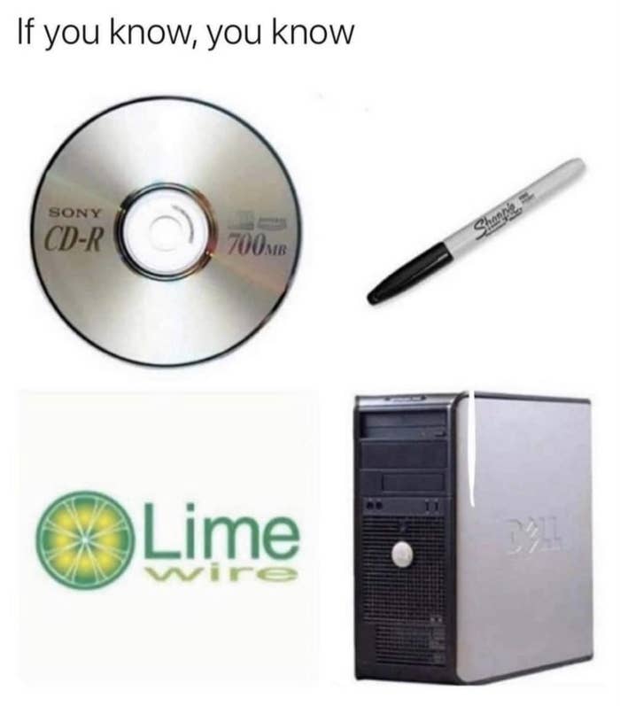 A CD, Sharpie, LimeWire logo, and a Dell desktop computer