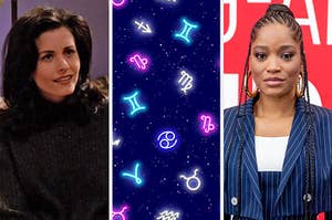On the left, Courteney Cox as Monica on "Friends," in the middle, various zodiac symbols, and on the right, Keke Palmer 