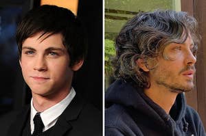Young Logan Lerman, and him now with gray hair