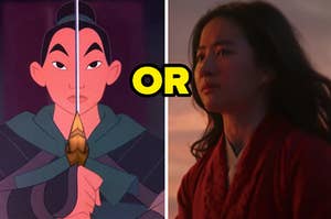 An animated Mulan is on the left with a sword by her face and a live-action Mulan crying on the right with "or" written in the center