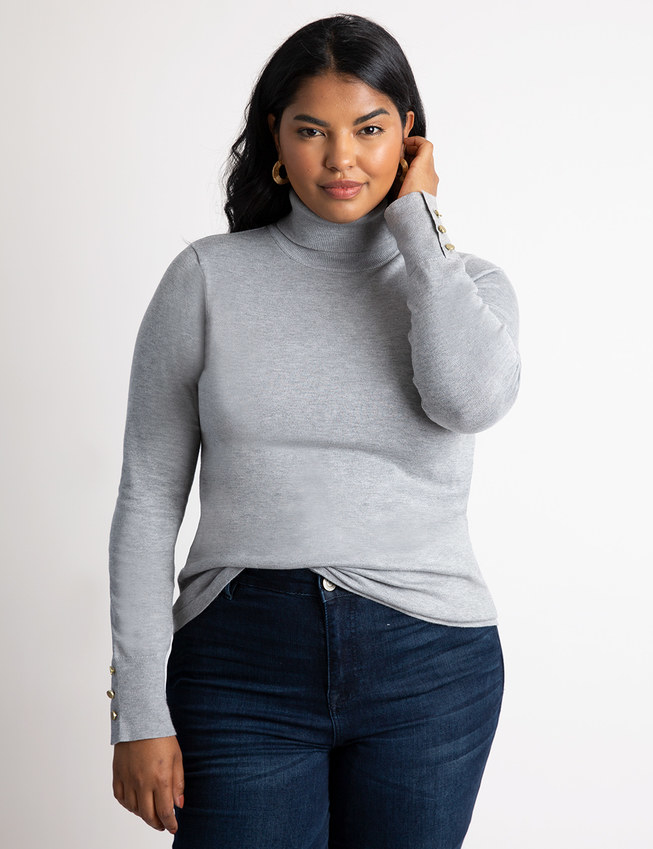 model wearing gray turtleneck sweater
