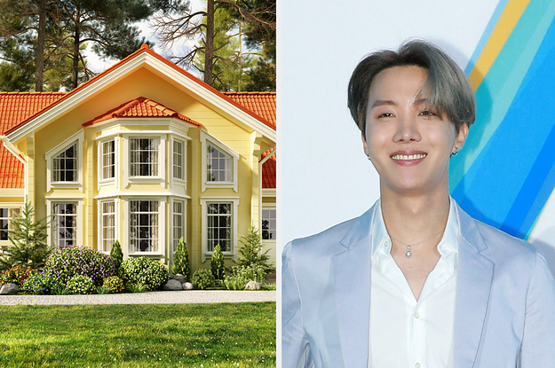 An image of a two story home with lots of windows next to an image of J-Hope from BTS