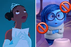 Tiana from Princess and the Frog on the left and Sadness from inside out on the right with stop emojis over her