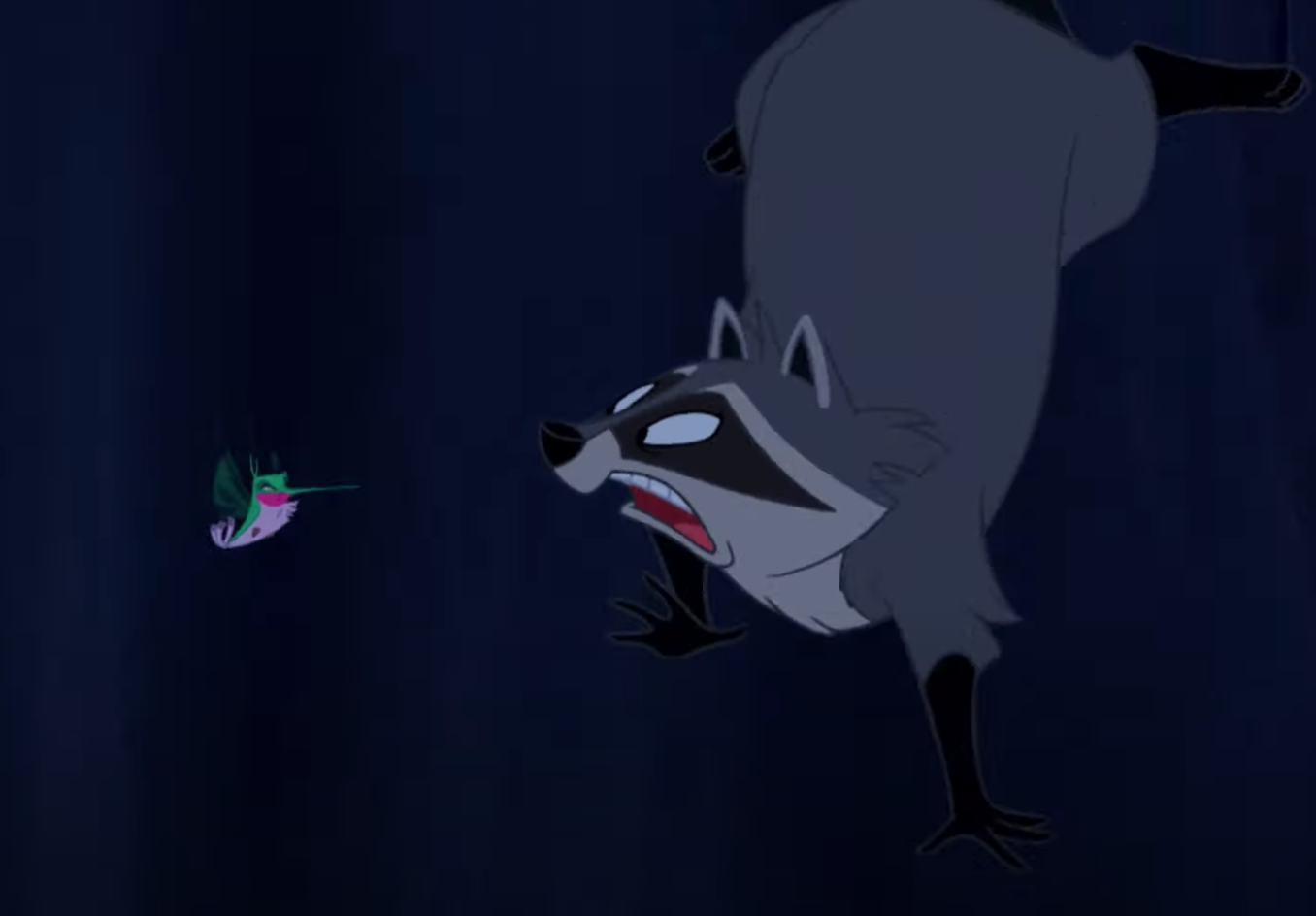 Flit and Meeko falling over a water fall in &quot;Pocahontas.&quot;